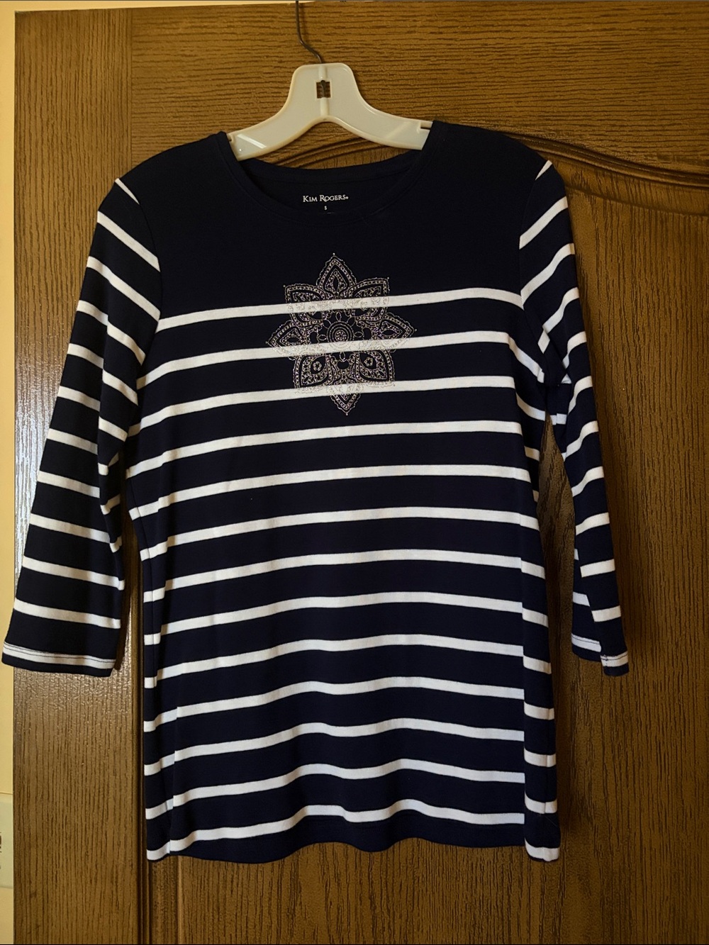 Kim Rogers Navy & White Striped Long Sleeve Top with Embroidered Medallion
